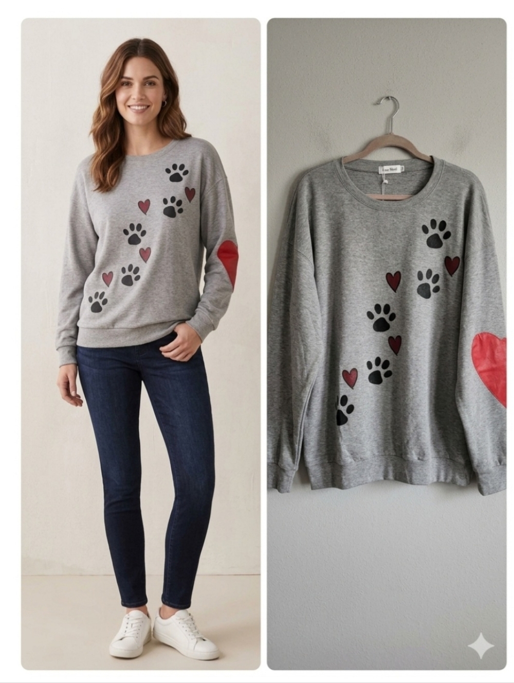 **Cozy Gray Paw & Heart Sweatshirt - Women's Sweater Pit 26